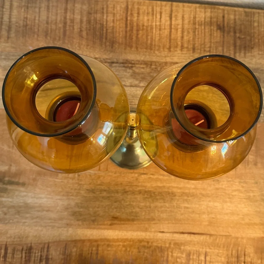 Vintage Brass Double Arm Candelabra Amber Glass Hurricane Tea Light Holder MCM